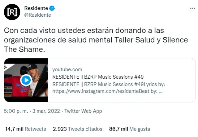 Residente donará sus ganancias a organizaciones de salud mental.  