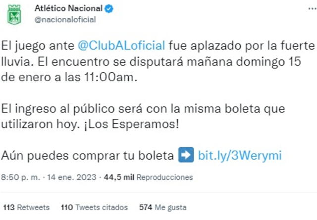 Atlético Nacional suspendió el partido con Alianza Lima.