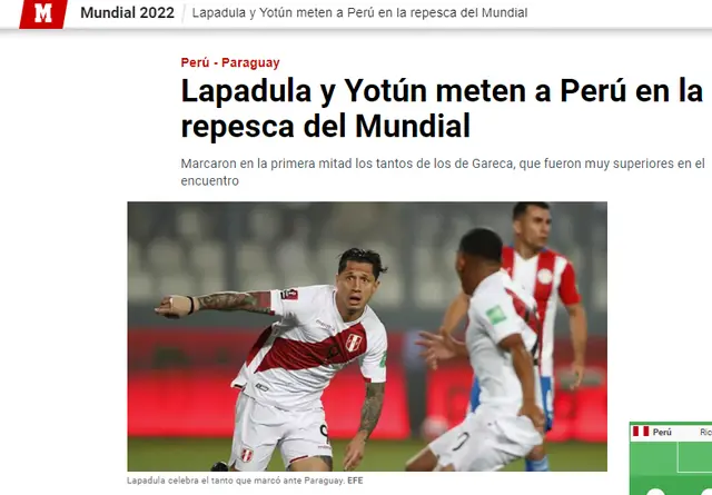 Diario Marca sobre Perú al repechaje.