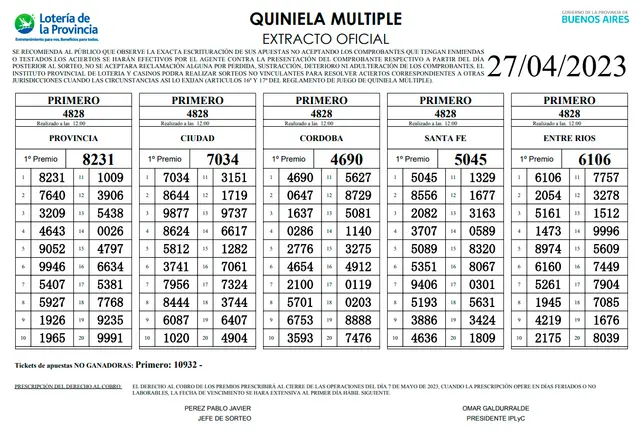 Extractos oficiales de la Quiniela La Primera Extractos oficiales de la Quiniela La Primera