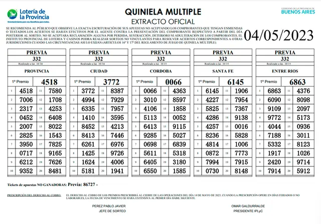 Extractos oficiales de la Quiniela La Previa