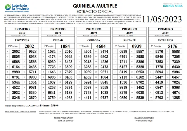 extracto oficial quiniela primera