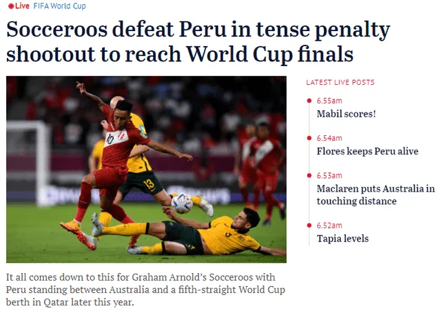 The Sydney Morning Herald sobre la eliminación de Perú. The Sydney Morning Herald sobre la eliminación de Perú.