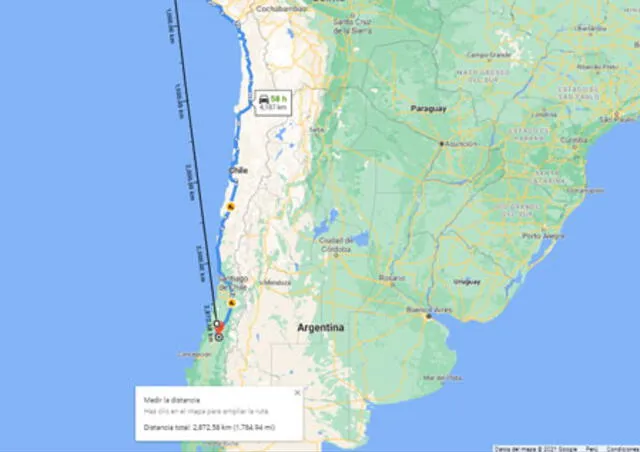 En este caso trazamos la distancia en Km entre Perú y Chile, dando como resultado 2,872.58 km.   