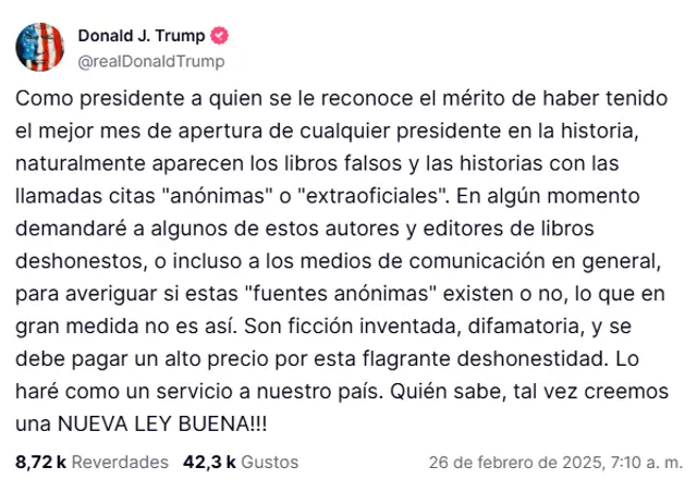 El <em>Washington Post</em> reveló que próximamente publicará artículos de opinión a favor del libre mercado. Imagen: Truth Social.   