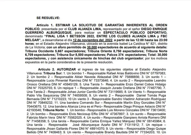 La resolución del Ministerio del Interior para la final de la Liga 1 2022. La resolución del Ministerio del Interior para la final de la Liga 1 2022.
