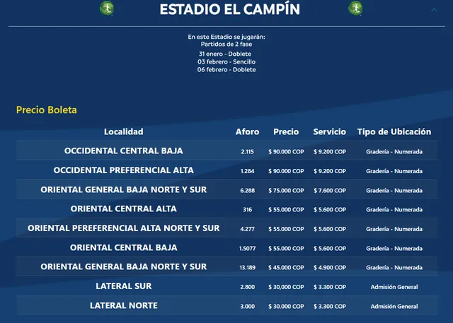  Precio de las entradas para el Colombia vs Uruguay sub 20.   