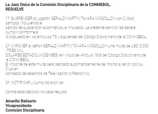Conmebol sancionó a Martín Távara.