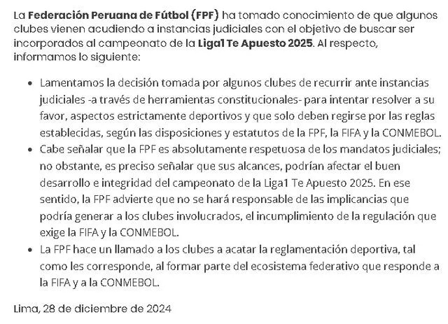 Comunicado de la FPF sobre solicitud de clubes para jugar en la Liga 1 Comunicado de la FPF sobre solicitud de clubes para jugar en la Liga 1