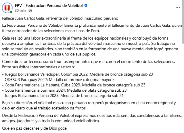 FPV se pronunció tras el fallecimiento del DT Juan Carlos Gala FPV se pronunció tras el fallecimiento del DT Juan Carlos Gala