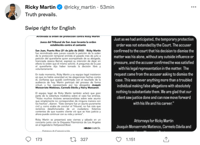Ricky Martin, Ricky Martin libre de cargos: Juez desestima denuncia y archiva el caso por violencia