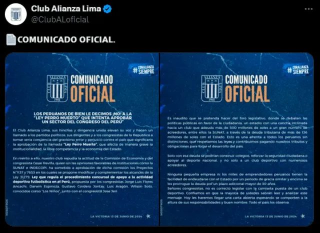 Alianza Lima se pronunció sobre la ley del perro muerto. Foto: X. 