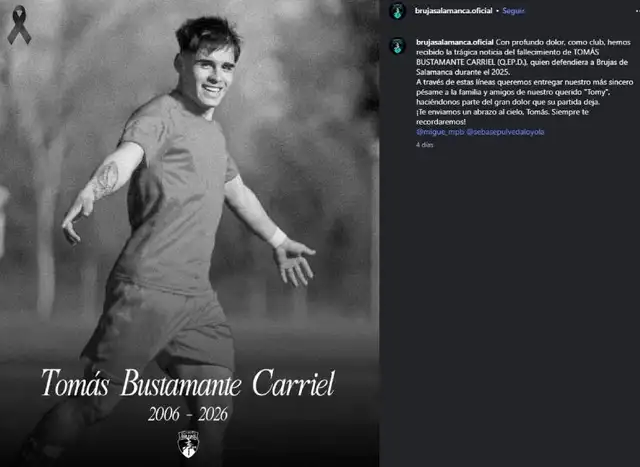 El club Brujas Salamanca se despide de Tomás Bustamante Carriel. Foto: Instagram