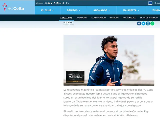 Parte médico de Celta sobre Renato Tapia.   