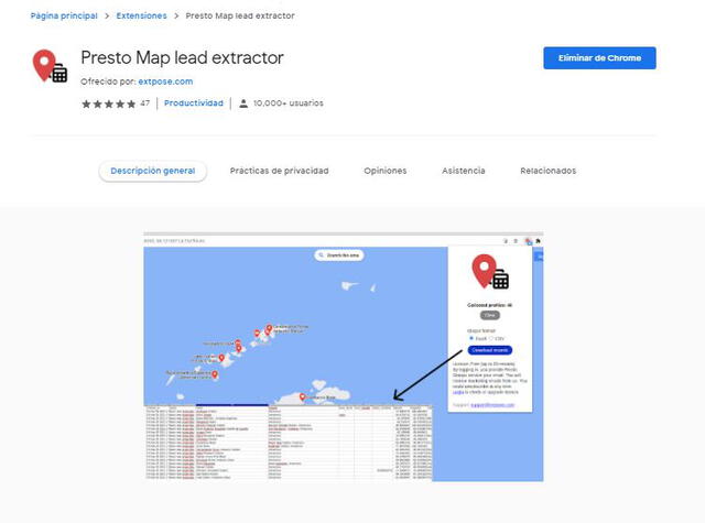 Presto Map lead extrator en Chrome web store