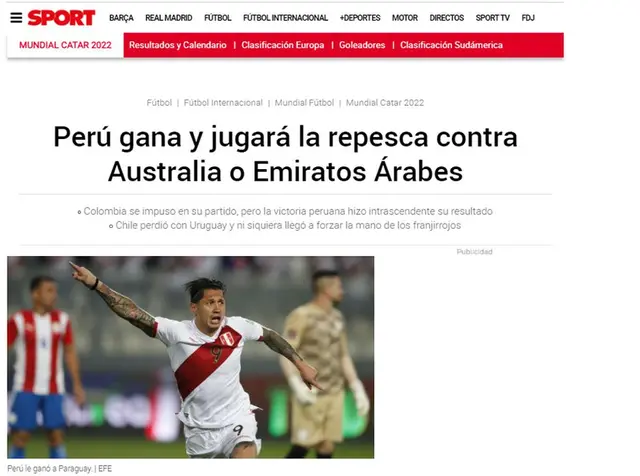 Diario Sport de España sobre Perú al repechaje.