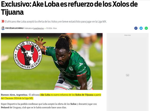 Aké Loba jugará en Xolos de Tijuana
