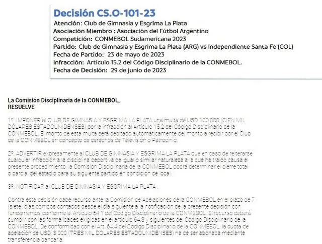 Gimnasia fue multado por CONMEBOL.