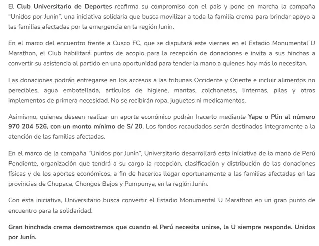 Universitario convoco a sus hinchas para apoyar a la región de Junín