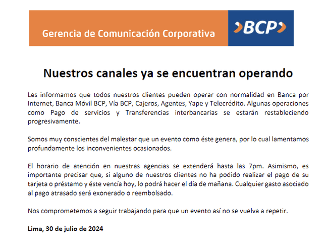 BCP anuncia que sus canales volvieron a operar.   