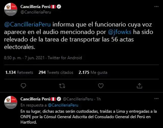 La Cancillería se pronunció a través de sus redes sociales. Captura: Twitter.   