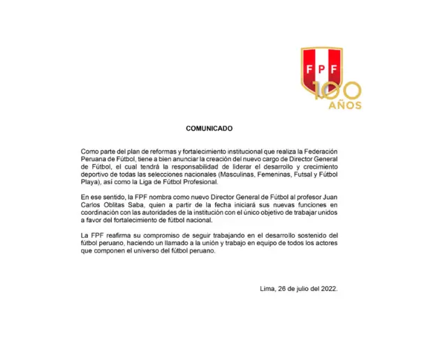 El nuevo puesto de Juan Carlos Oblitas El nuevo puesto de Juan Carlos Oblitas