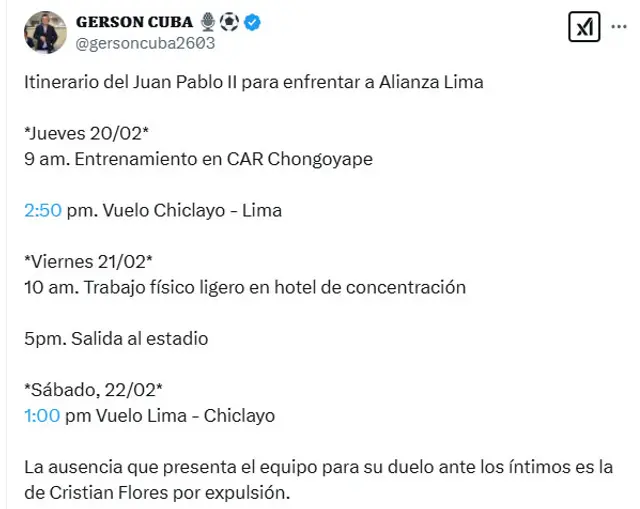 Itinerario de Juan Pablo II para enfrentar a Alianza Lima | Foto: X-Gerson Cuba Itinerario de Juan Pablo II para enfrentar a Alianza Lima | Foto: X-Gerson Cuba