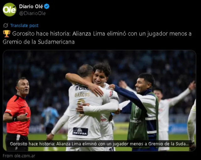 La publicación de Olé de Argentina tras la clasificación de Alianza Lima   