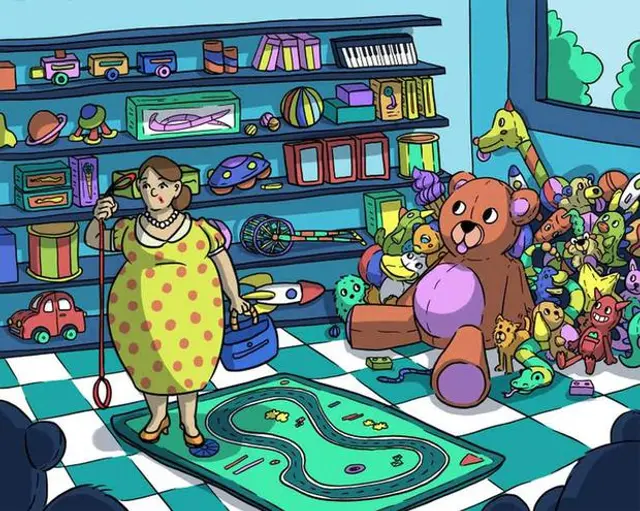 Acertijo visual, ayuda a la dama a encontrar a su mascota, imagen.