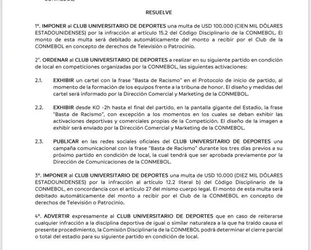 Sanción de Conmebol a Universitario