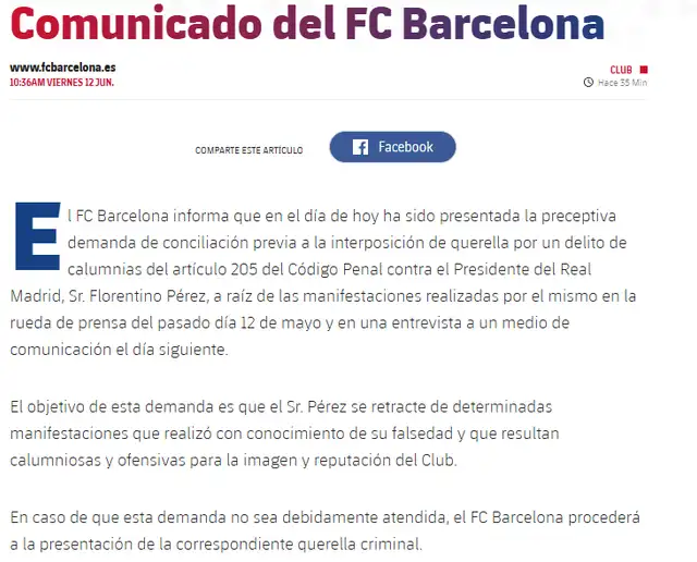 Comunicado del Barcelona. Foto: Sitio web del Barcelona Comunicado del Barcelona. Foto: Sitio web del Barcelona