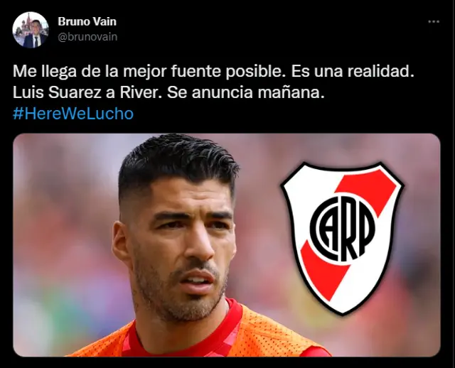 Bruno Vain sobre la llegada de Luis Suárez a River Plate.