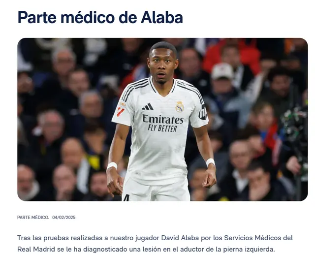 Real Madrid comunica sobre la lesión de David Alaba. Foto: Real Madrid   