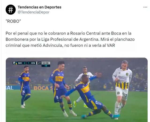 Polémica falta de Luis Advíncula a Boca Juniors que pudo ser penal para Rosario Central.   