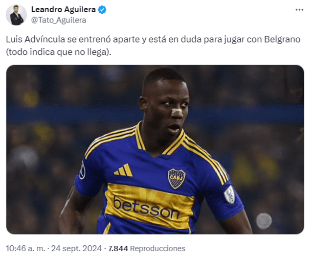  Luis Advíncula entrenó de forma diferenciada con Boca Juniors tras el clásico. Foto: X - Leandro Aguilera   