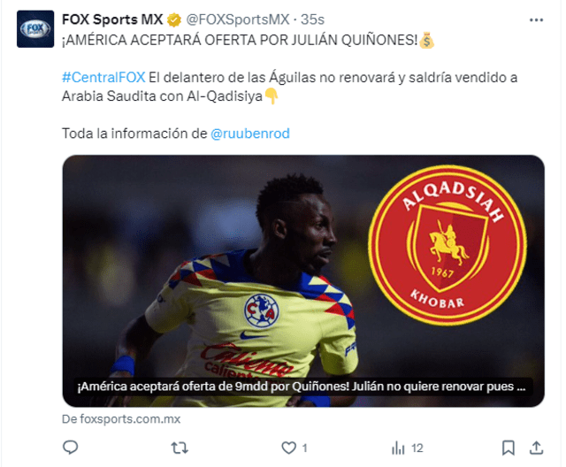 Fox Sports MX indicó que Al-Qadisiyah va por Quiñones. / Foto: Twitter (X)