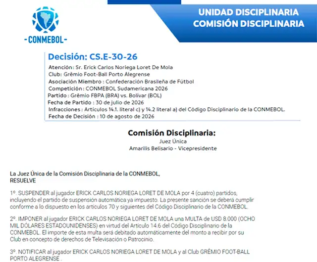 Conmebol, Erick Noriega, Gremio