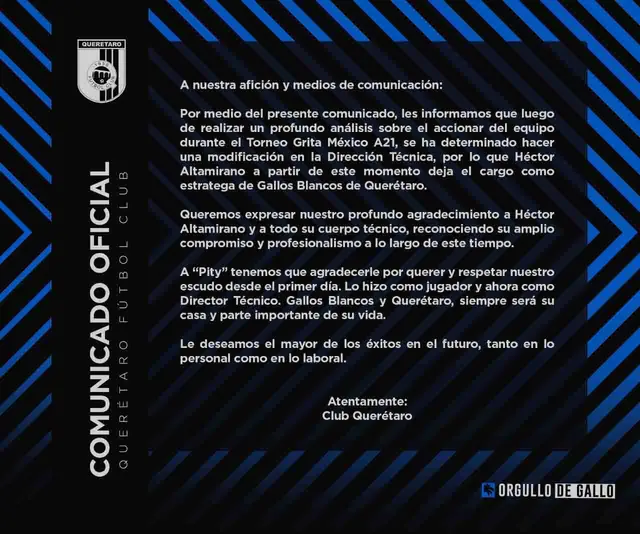  A través de un comunicado el Club queretano dio a conocer el cese de su DT.   