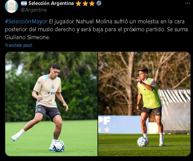 La publicación de Argentina sobre lesión de Nahuel Molina | Foto: Selección Argentina    
