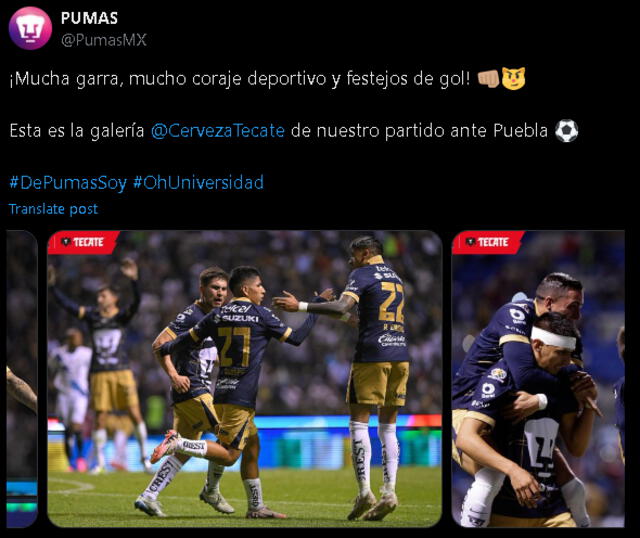 La publicación de Pumas UNAM tras partido contra Puebla   