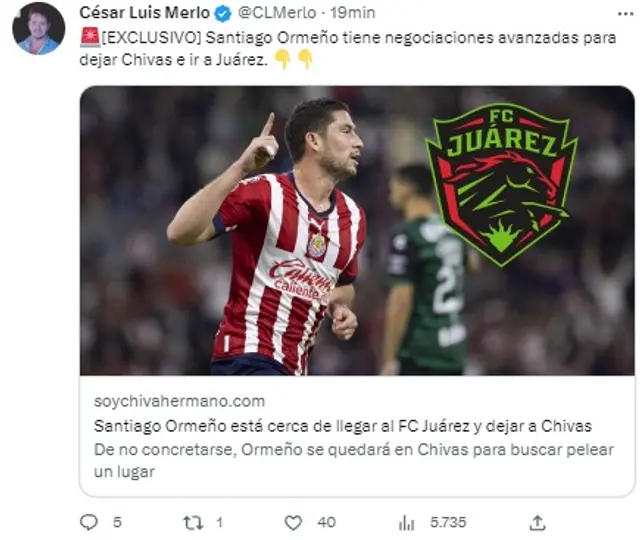 Santiago Ormeño cerca de FC Juárez.