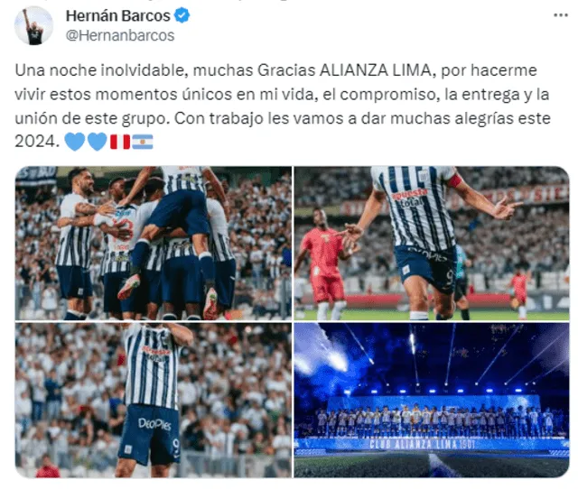 Post de Hernán Barcos tras la 'Noche Blanquiazul 2024'.   