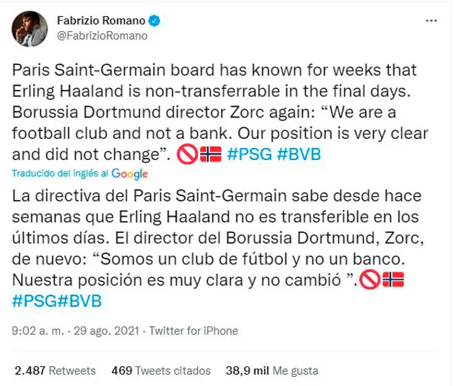 Información sobre posible llegada de Erling Haaland al PSG.   