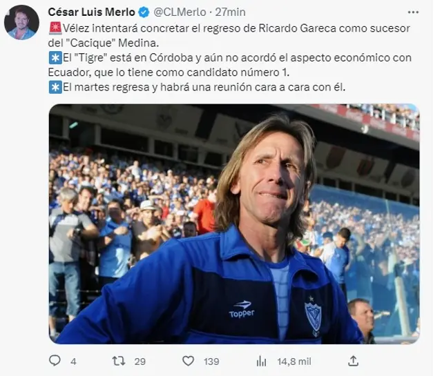 <strong>Ricardo Gareca en la mira de Vélez</strong>   
