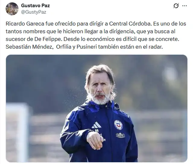 Periodista argentino revela que Gareca fue ofrecido a Central Córdoba   