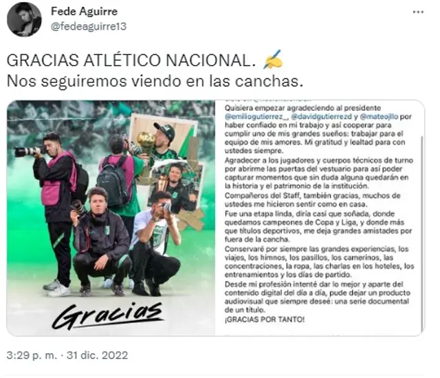 Federico Aguirre se despidió de Atlético Nacional.