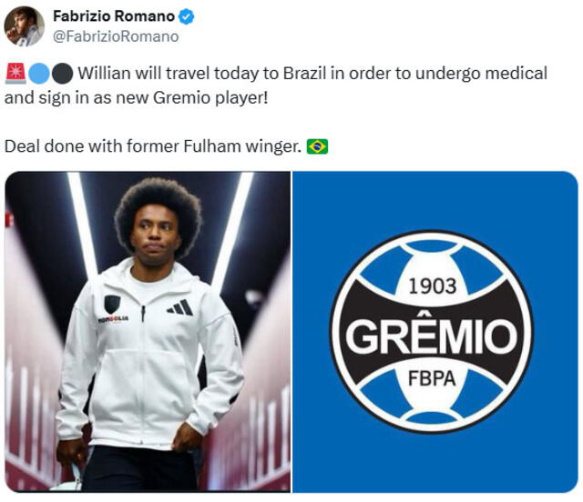 Willian llega a Gremio como uno de sus importantes fichajes | Foto: X- Fabrizio Romano    
