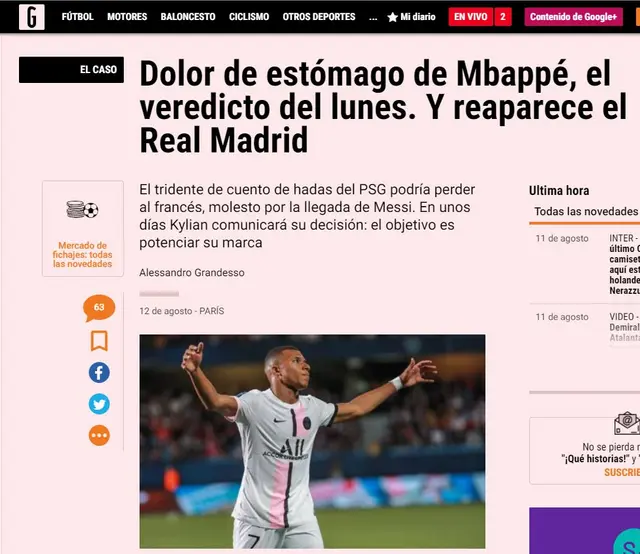 Así informan desde Italia la posible salida de Mbappé. Foto: Captura Gazzetta.it.   