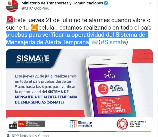 alerta de sismate, MTC