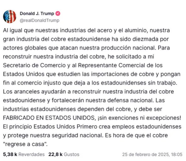Aranceles al cobre Donald Trump